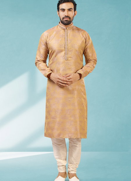 Golden Colour Outluk New Latest Design Jacquard Silk Brocade Party Wear Kurta Pajama Mens Collection 1224-1027